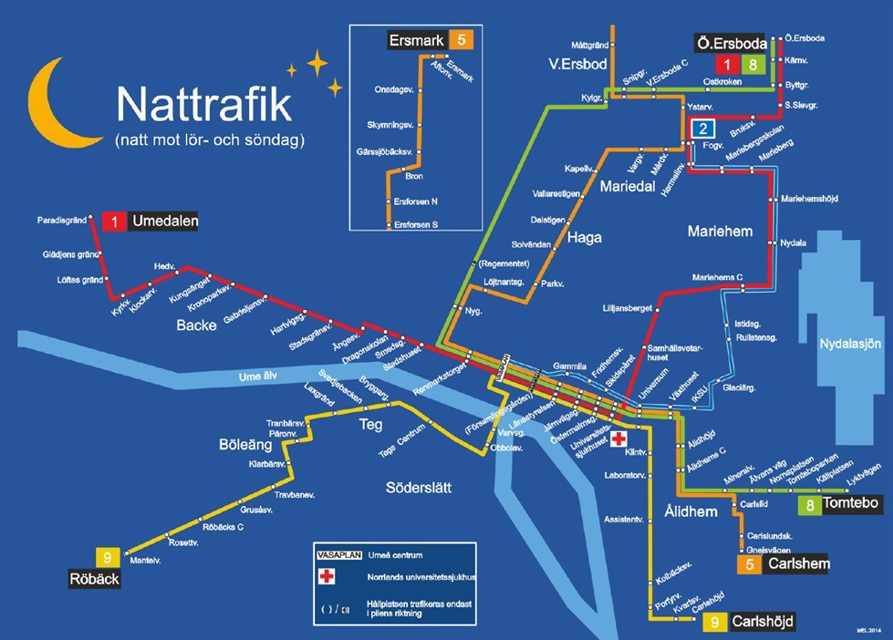 Routes and bus stops for night-time services in Umeå, see description