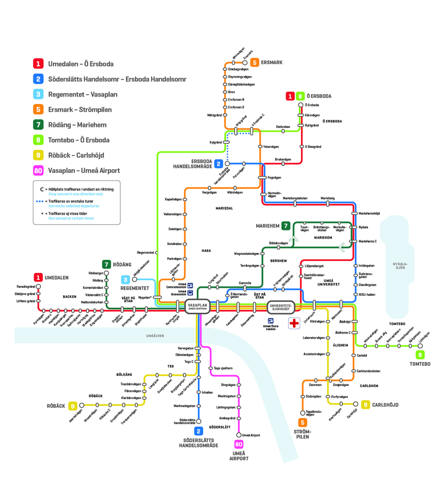 Routes and bus stops for lines 1 to 9 and the airport bus in Umeå, see description