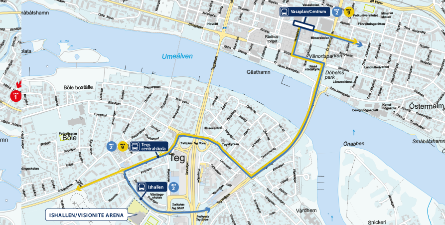 Routes and bus stops near the Ice Rink, see description