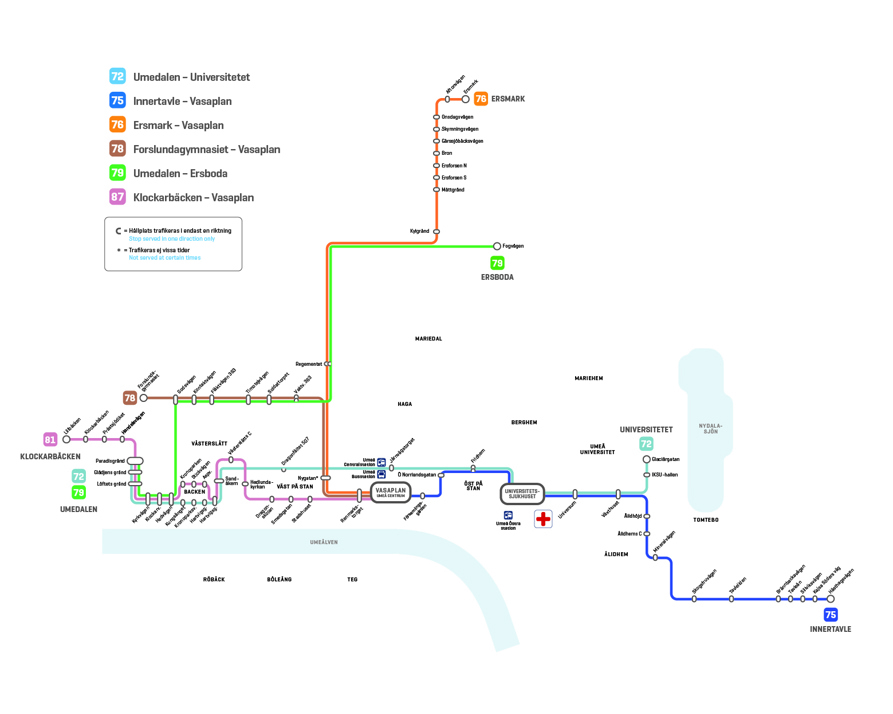Routes and stops for bus lines 72 to 81 in Umeå, see description