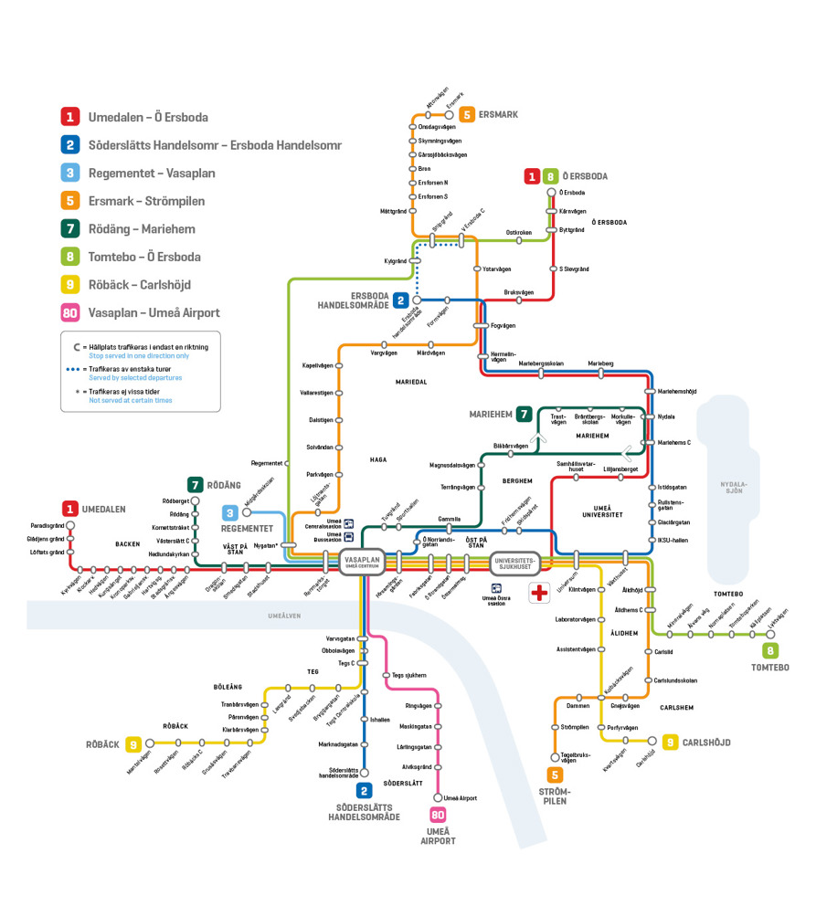 Routes and bus stops for lines 1 to 9 and the airport bus in Umeå, see description