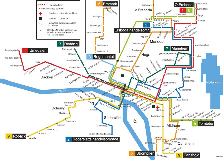Routes and bus stops for lines 1 to 9 in Umeå, see description