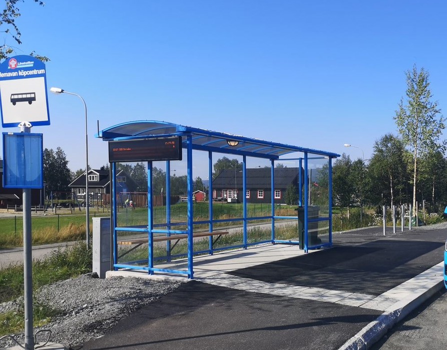 Bus shelter and sign at bus stop Hemavan Köpcenter
