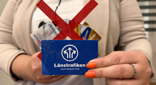 Woman showing new bus card, old cards crossed out