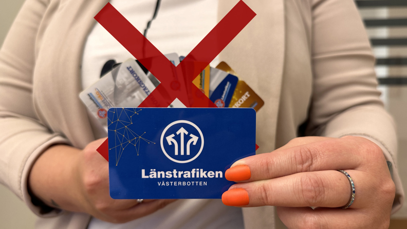 Woman showing new bus card, old cards crossed out