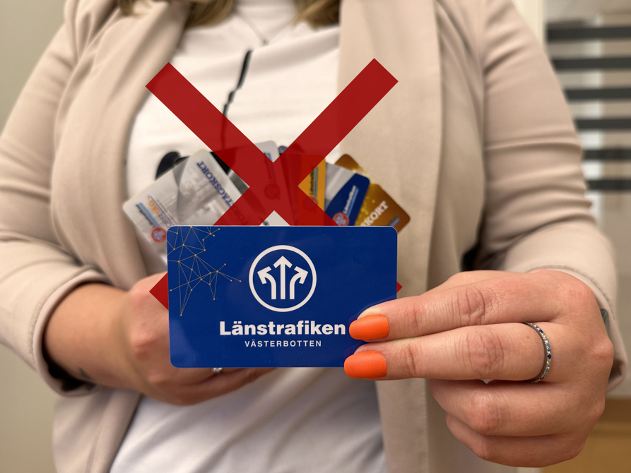 Woman showing new bus card, old cards crossed out