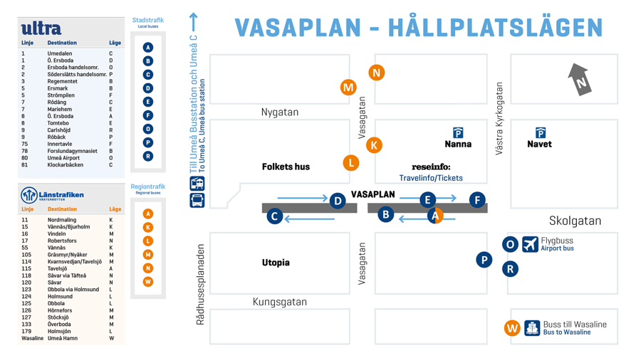 Platforms and lines operating bus stop Umeå Vasaplan, see description