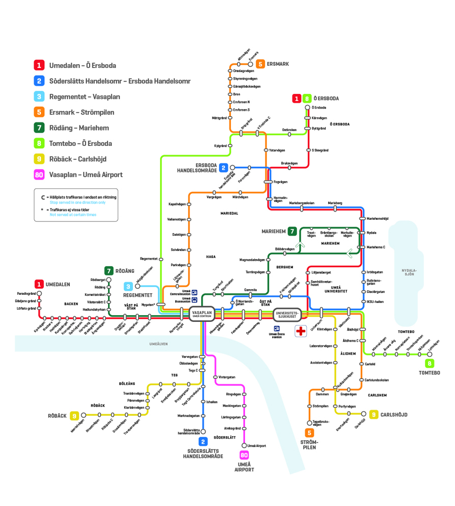 Routes and bus stops for lines 1 to 9 and the airport bus in Umeå, see description